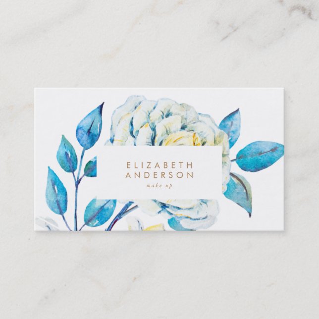 Oil Painted White Rose Blue Business Card (Front)