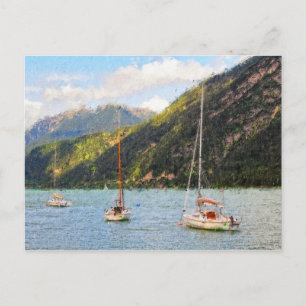 Oil painting Achensee lake in Austria Tirol Boats Postcard