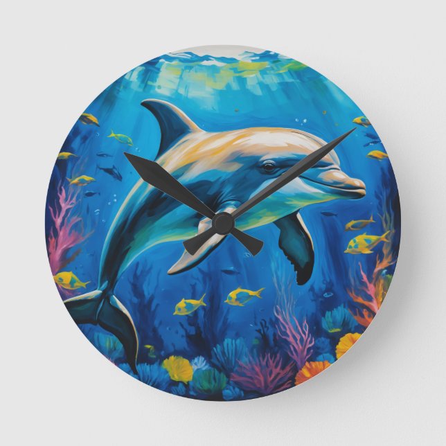 Oil Painting Dolphin Round Clock (Front)