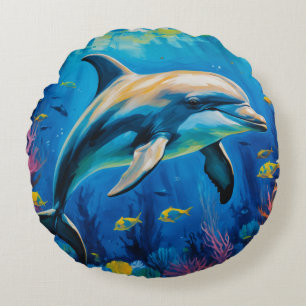 Oil Painting Dolphin Round Cushion