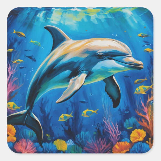 Oil Painting Dolphin Square Sticker (Front)