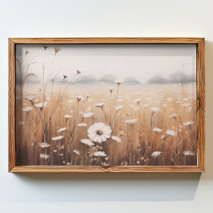 oil painting field of flowers with a foggy sky poster