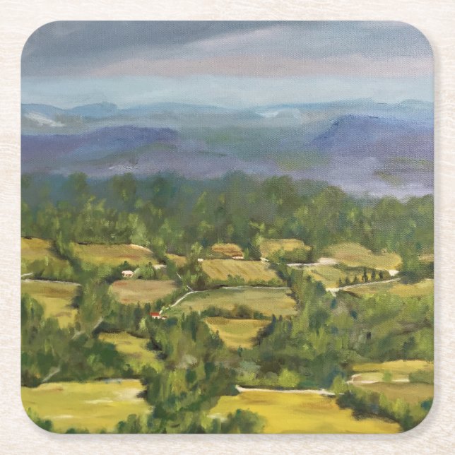 Oil Painting "Fields from Above" Landscape Square Paper Coaster (Front)