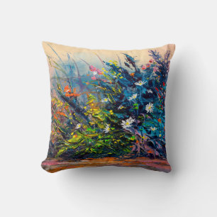 Oil painting flowers, cornflower, daisy in fields. cushion