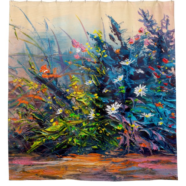 Oil painting flowers, cornflower, daisy in fields. shower curtain (Front)
