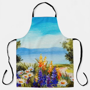 oil painting flowers near the sea, camomile field, apron