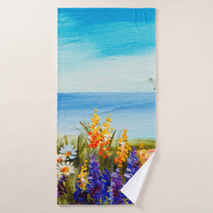 oil painting flowers near the sea, camomile field, bath towel