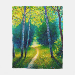 Oil painting forest landscape, beautiful solar roa fleece blanket