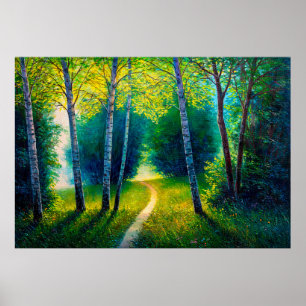 Oil painting forest landscape, beautiful solar roa poster