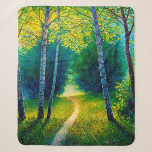Oil painting forest landscape, beautiful solar roa sherpa blanket
