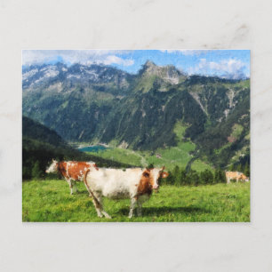 Oil painting illustration of Austrian Alps. Cows Postcard