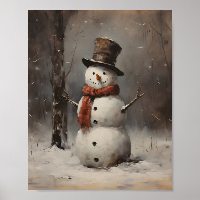Oil Painting Of A Snowman Wearing Hat & Red Scarf Poster (Front)