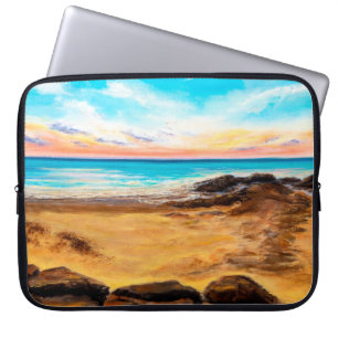 oil painting of beautiful golden sunset over ocea laptop sleeve