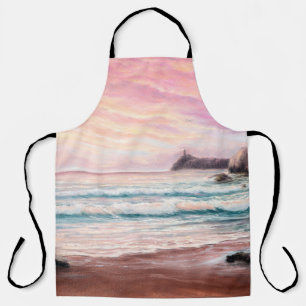  oil painting of beautiful purple sunset over ocea apron