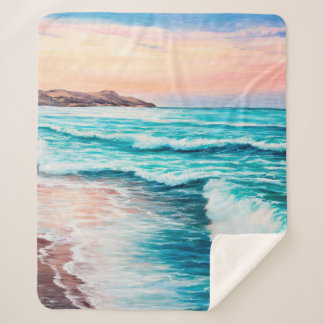  oil painting of beautiful purple sunset over ocea sherpa blanket