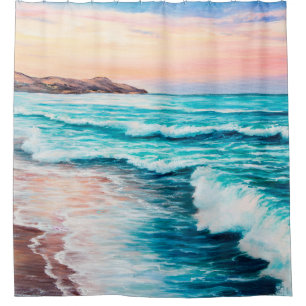 oil painting of beautiful purple sunset over ocea shower curtain