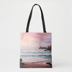 oil painting of beautiful purple sunset over ocea tote bag