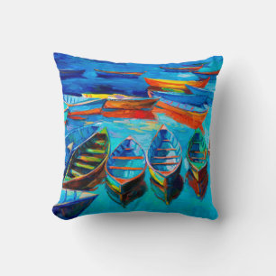  oil painting of boats and sea on canvas. Sunset o Cushion