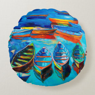 oil painting of boats and sea on canvas. Sunset o Round Cushion
