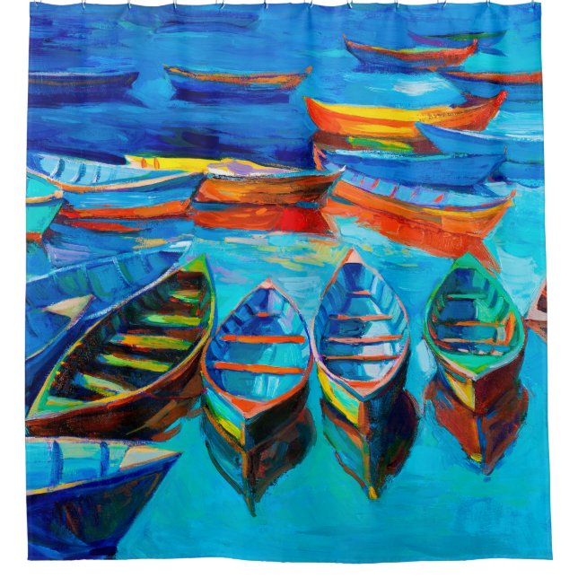  oil painting of boats and sea on canvas. Sunset o Shower Curtain (Front)