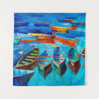 oil painting of boats and sea on canvas. Sunset o