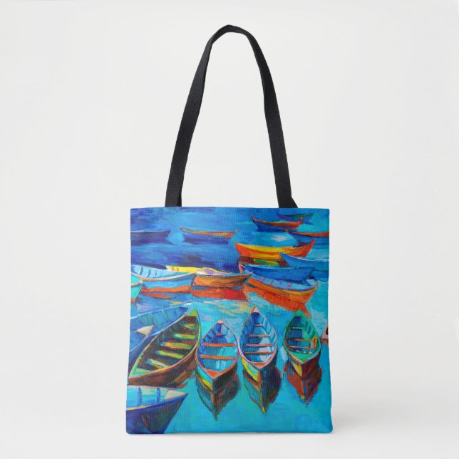  oil painting of boats and sea on canvas. Sunset o Tote Bag (Front)