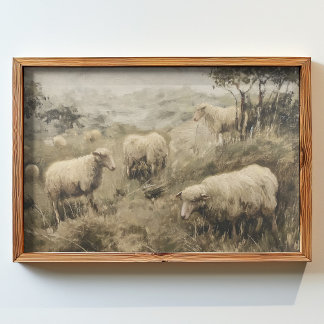 oil painting of group of sheep grazing in a field poster