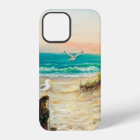 oil painting of ocean beach dunes with seagulls o