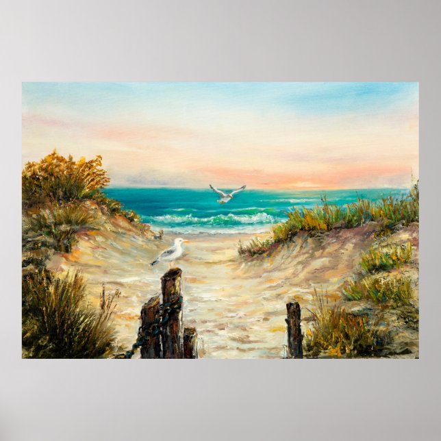  oil painting of ocean beach dunes with seagulls o poster (Front)