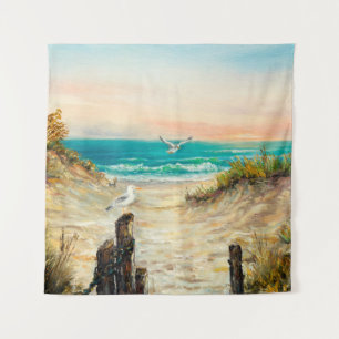 oil painting of ocean beach dunes with seagulls o tapestry
