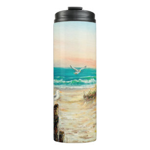 oil painting of ocean beach dunes with seagulls o thermal tumbler