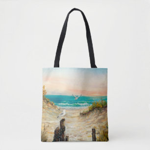 oil painting of ocean beach dunes with seagulls o tote bag