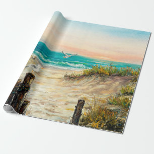 oil painting of ocean beach dunes with seagulls o wrapping paper