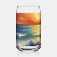 Oil Painting of orange sunset over the ocean