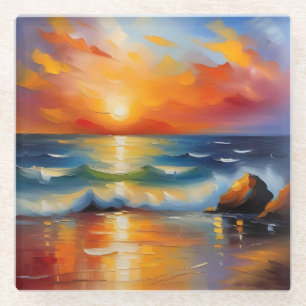 Oil Painting of orange sunset over the ocean Glass Coaster