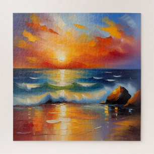 Oil Painting of orange sunset over the ocean Jigsaw Puzzle