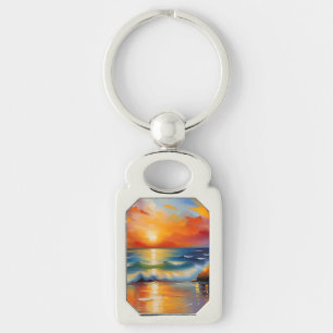 Oil Painting of orange sunset over the ocean Key Ring