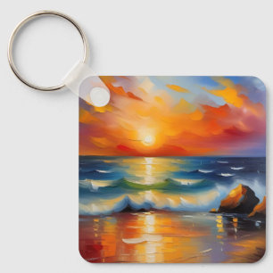 Oil Painting of orange sunset over the ocean Key Ring