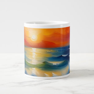 Oil Painting of orange sunset over the ocean Large Coffee Mug