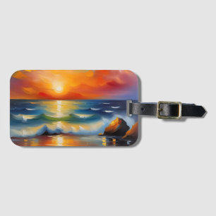 Oil Painting of orange sunset over the ocean Luggage Tag