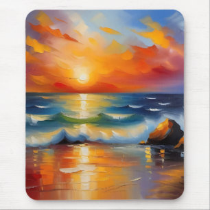Oil Painting of orange sunset over the ocean Mouse Pad