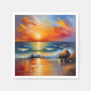 Oil Painting of orange sunset over the ocean Napkin