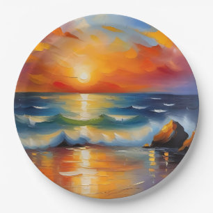 Oil Painting of orange sunset over the ocean Paper Plate