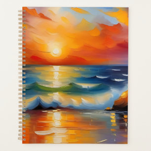 Oil Painting of orange sunset over the ocean Planner