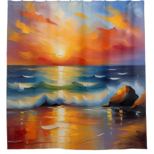 Oil Painting of orange sunset over the ocean Shower Curtain