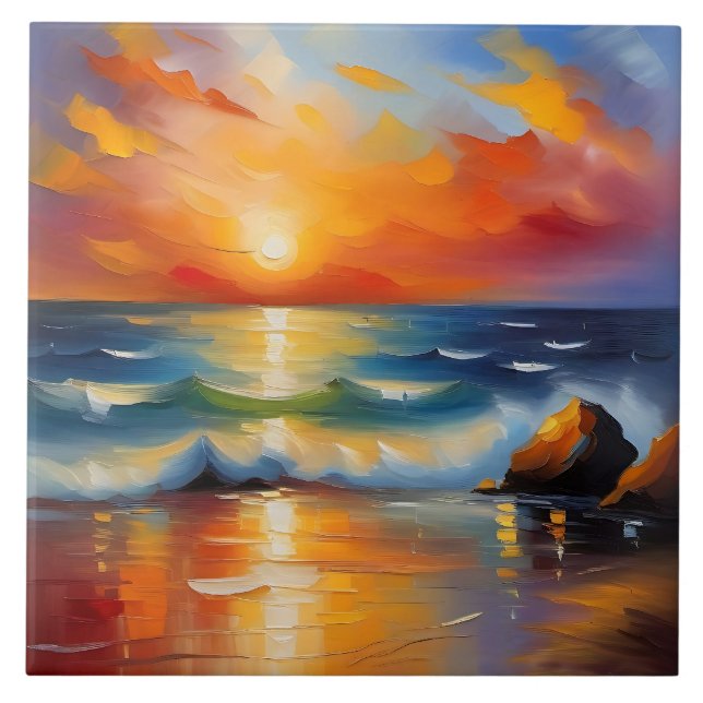 Oil Painting of orange sunset over the ocean Tile (Front)