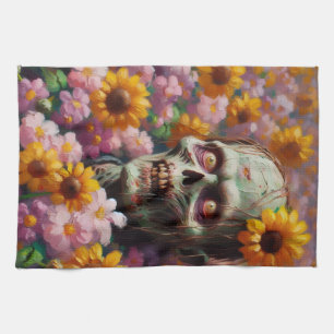 Oil Painting of Zombie in Flower Field Halloween Tea Towel