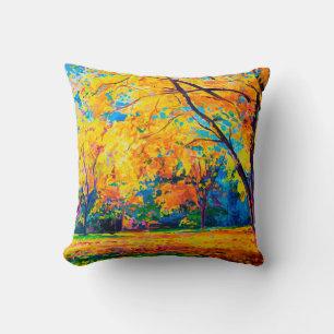 oil painting on canvas. Yellow trees. Modern art. Cushion