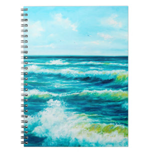 oil painting showing waves in ocean or sea on can notebook