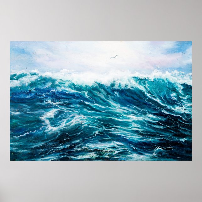  oil painting showing waves in ocean or sea on can poster (Front)